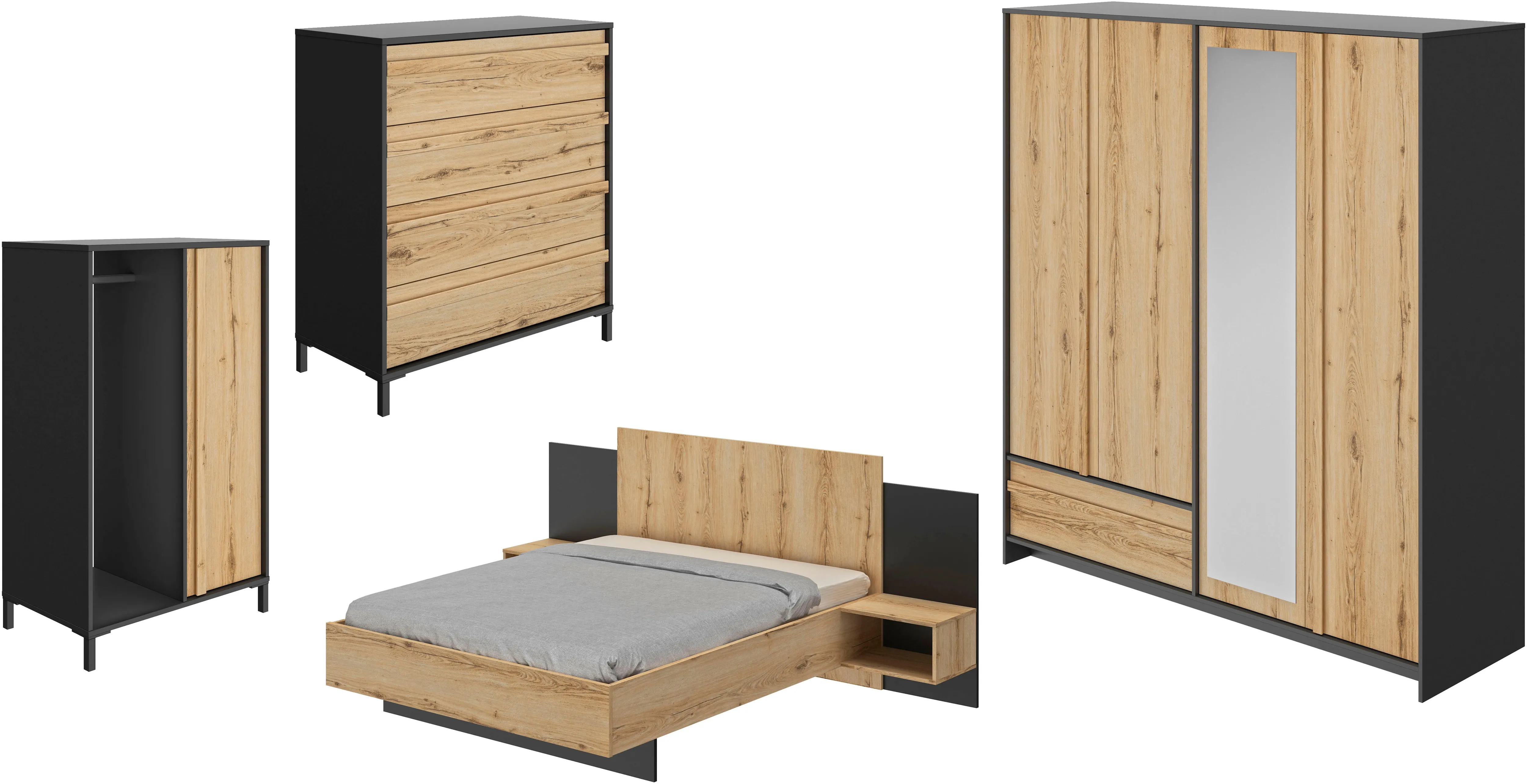 Schlafzimmer-Set GAMI "Mimizan", braun (schwarz – eiche helvezia), B/H: 140cm x 200cm, Schlafzimmermöbel-Sets