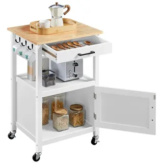 Yaheetech Küchenwagen Servierwagen auf Rollen, Beistellwagen mit Schrank & Schublade & 6 Haken, 55 × 45× 89 cm weiß