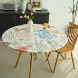 IBEQUEM Runde angepasste Tischdecke mit elastischem Rand, wasserdichte ölbeständige Plastik-Tischdecke, Vinyl Flanell-Tischdecke passt auf runde Tische für Abendessen, Outdoor, Blumen (122cm)