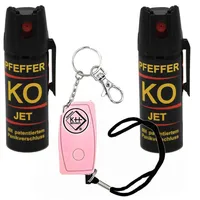 Pfeffer-KO Jet 50ml Spray - Verteidigungsspray gegen Tiere | SPARSET - 2X Abwehrspray 5m Sprühweite Inklusive 1x Taschen-Alarm 120 dB Panikknopf Verteidigung | Pfefferspray aus Deutscher Herstellung