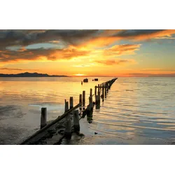 Fototapete PAPERMOON "HOLZ-BRÜCKE-ALT STEG MEER OZEAN SEE STRAND SONNE KÜSTE", bunt, B:3,00m L:2,23m, Vlies, Tapeten