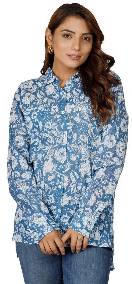 Guru-Shop Longbluse Handbedrucktes Boho Langarmhemd, luftiges.. alternative Bekleidung blau XL