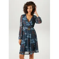Blusenkleid ANISTON CASUAL, Damen, Gr. 42, N-Gr, blau (petrol, hellblau, braun wollweiß, grün, lila), Mesh, Obermaterial: 95% Polyester, 5% Elasthan. Futter: 100% Polyester, geblümt, bedruckt, feminin, figurumspielend kniefrei, V-Ausschnitt, Langarm elastischer Bund mit Gummizug, Kleider Partykleid, mit dekorativer Brosche am fixiertem Bindegürtel