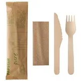 PAPSTAR Einwegbesteck-Set Besteckset Holz "pure" natur: Messer, Gabel, Serviette in Papierbeutel