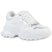 Stiefelparadies Damen Plateau Sneaker in Weiss Metallic