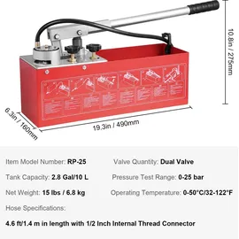 Vevor Abdrückpumpe, max. 25 Bar, manuelles hydraulisches Wasserdruckprüfer-Set mit Doppelventil und Manometer, 10-L-Wassertank, 1,4-m-Schlauch mit 1/2-zoll-außengewindeanschluss für Rohrleitungen