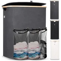 HENNEZ Wäschebox 150L - Wäschekorb 3 Fächer 60 cm Breit, Deckel Wäschesortierer mit Wäschesack - Laundry Baskets - Wäschetonne - Wäsche Sortiersystem - Wäschesammler - Washing Basket - Grau