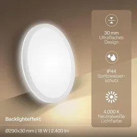 B.K.Licht LED Panel 1 Flach rund 18W 2400lm 4000K spritzwassergeschützt Weiß