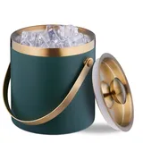 Relaxdays Eiswürfelbehälter, Edelstahl, doppelwandig, Eiseimer mit Deckel & Henkel, 1,5 l, Eiswürfelkübel, grün/gold