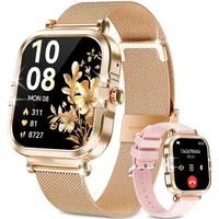 Yuede 2025 Neue AMOLED SmartWatch Damen,1,75" Fitnessuhr mit Telefonfunktion Smartwatch (Zwei Armbänder, Full Touch Square Fine Sportuhr Damen cm/1,75 Zoll) Mit Menstruationszyklus, Schrittzähler, Blutdruckmessung, Herzfrequenzmonitor, Oximetrie Monitor, Schlafmonitor, SOS, Wettervorhersage, IP67 Wasserdicht Fitness Tracker Damen, Verfügbar für Android 4.4+ / iOS 10.0+. goldfarben