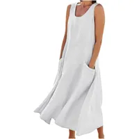 AACH Leinenkleid Damen Sommer Kleid Knielang Freizeitkleid Baumwolle Leinen Strandkleid U-Ausschnitt Sommerkleid Ärmelloses Boho Leinenkleider Einfarbig Strandkleider mit Taschen Kleider - XXL