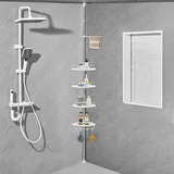 ZHUGE Teleskop Duschregal, verstellbares Eckregal für die Dusche mit 4 Ablagen, 4 Haken, 1 Handtuchstange für die Badezimmeraufbewahrung, rostfrei, 70-330 cm von Boden bis zur Decke, Weiß