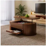 Merax Couchtisch höhenverstellbar Sofatisch Beistelltisch mit gebogenen Holzseiten (1-St., 110x55,5x40 cm), Wohnzimmertisch mit ausziehbaren Regalen und verstecktem Stauraum braun