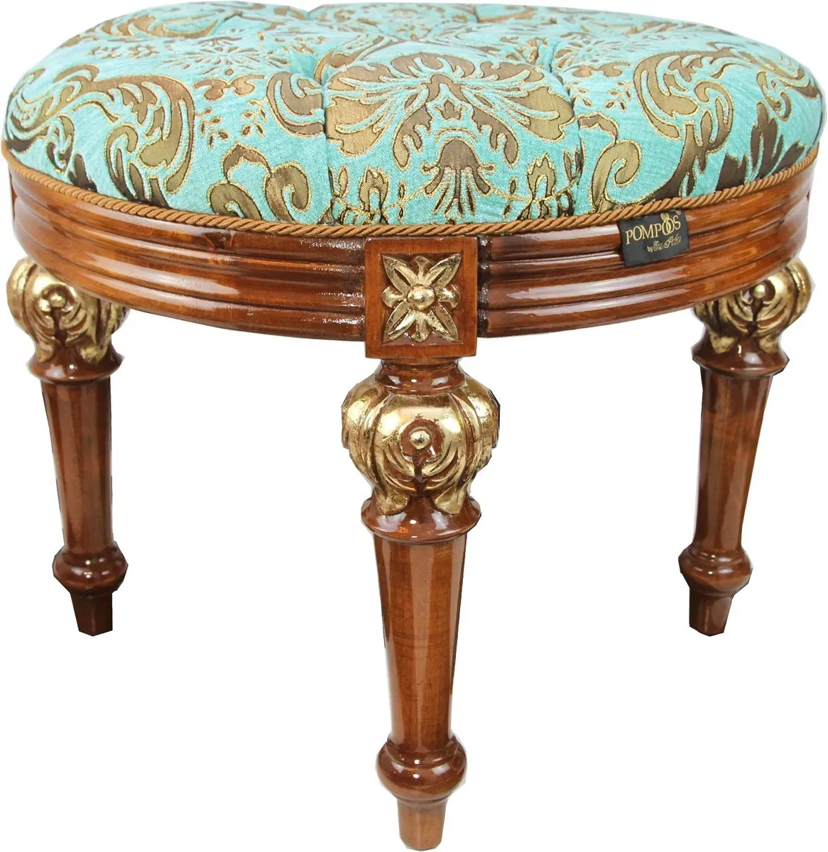 Pompöös by Casa Padrino Luxus Barock Sitzhocker Rund Türkis Muster / Braun Gold - Pompööser Barock Hocker designed by Harald Glööckler
