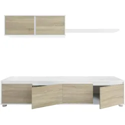 Dmora Einbaufertige Wand Savannah, TV-Ständer für Wohnzimmer, Zusammensetzung des Wohnzimmersets, 200x41h43 cm, Weiß und Eiche