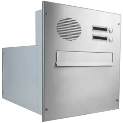 XXL Edelstahl Mauerdurchwurf Briefkasten mit 2 Tastern mit Sprechfeld - Tiefe 39-62 cm - B-242