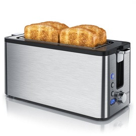 Arendo Edelstahl Toaster Langschlitz 4 Scheiben - Defrost Funktion - wärmeisolierendes Gehäuse - mit integrierten Brötchenaufsatz - Krümelschublade