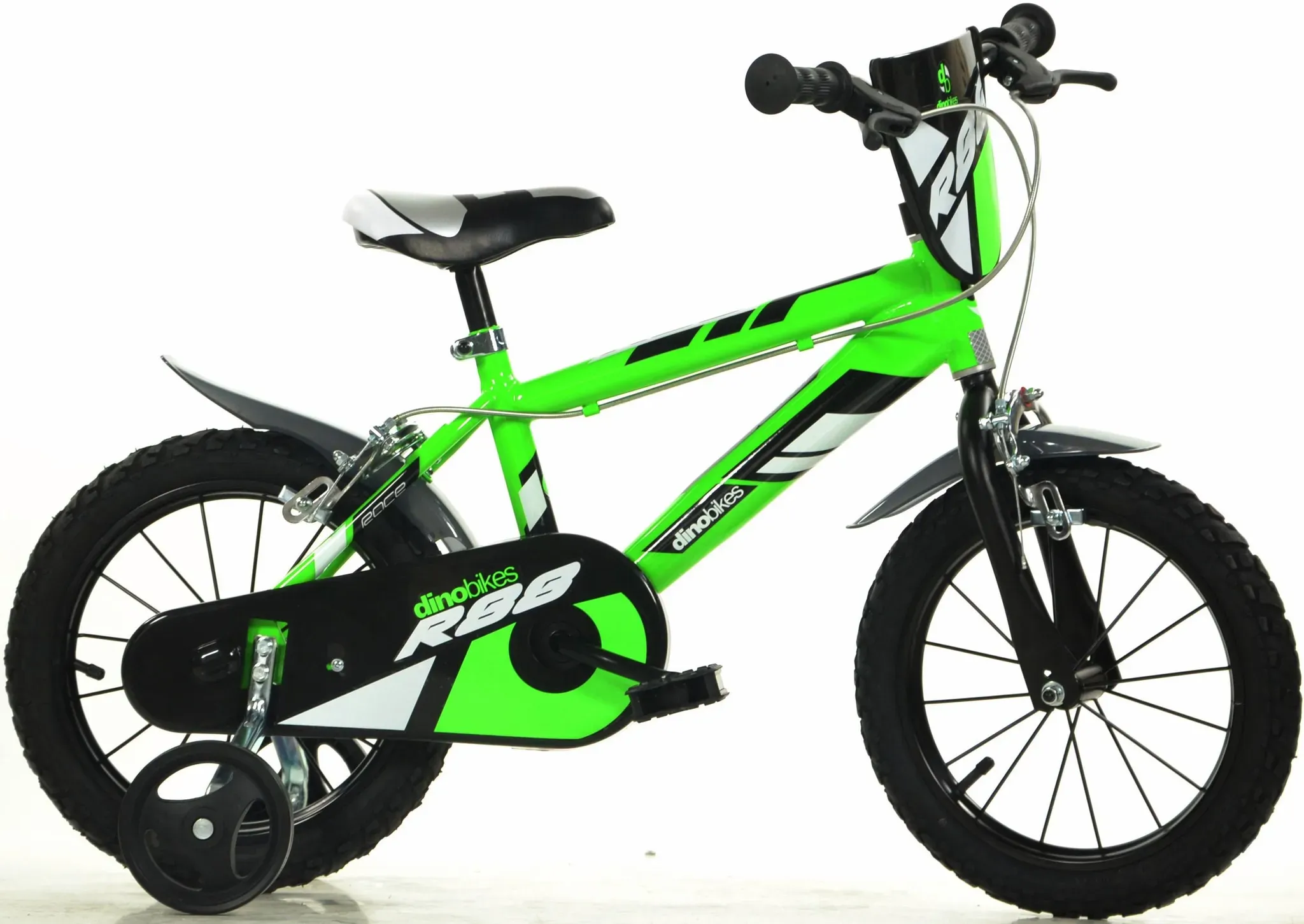 Kinderfahrrad DINO "Jungenfahrrad" Fahrräder Gr. 25 cm, 14 Zoll (35,56 cm), grün Kinder Fahrräder mit Stützrädern und Frontschild