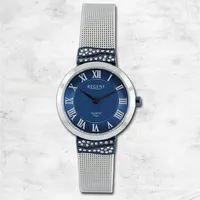 Regent Damen Armbanduhr Analog Metallarmband silber dunkelblau UR2254008