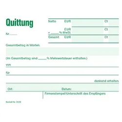 RNK-Verlag Quittung mit MwSt. separat ausgewiesen, mit fortlaufenden Nummern Formularbuch 3029