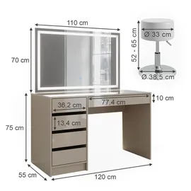 Vicco Schminktisch Sherry Greige 120 cm mit LED-Spiegel und Hocker
