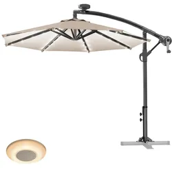 Sonnenschirm | Rund | Ø 300 cm | Taupe | LED | +Musikbox | Terrassenschirm, Marktschirm, Gartenschirm