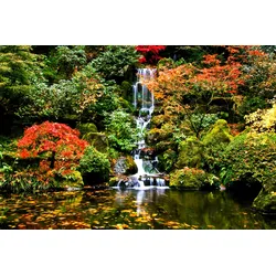 Fototapete PAPERMOON "Wasserfall in Japanischen garten", bunt, B:3,00m L:2,23m, Vlies, Tapeten