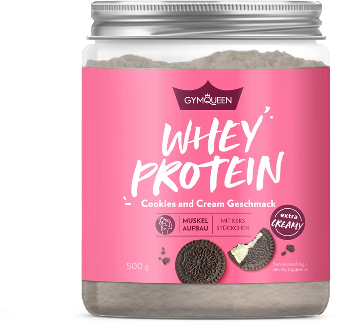 GymQueen Whey Protein-Pulver Cookies & Cream 500g, Protein-Shake für die Fitness, Whey-Pulver kann den Muskelaufbau unterstützen, Hochwertiges Eiweiss-Pulver mit 73g Eiweiß