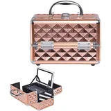 HOMASIS Kosmetikkoffer mit Spiegel, tragbarer Schminkkoffer mit 3 Ebenen, Mini Beauty Case mit Griff & Schloss, Friseurkoffer Hartschale, Make Up Koffer für Damen & Mädchen, 23 x 15 x 18 cm (Rosegold)