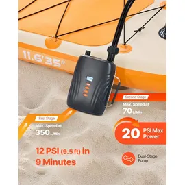 Vevor Paddleboard Pumpe (20 PSI) wiederaufladbarer Akku, zweistufige elektrische SUP-Luftpumpe mit automatischer Abschaltung & 12 V DC Autoanschuluss, Aufblasen & Entleeren