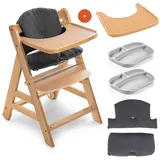 hauck Hochstuhl Set Alpha Plus Move inkl. Essbrett, Sitzkissen und 2x Babyteller Silikon - mitwachsender Holz Babystuhl/Kinderhochstuhl mit Rollen, Gurt und Tisch - Natur Dunkelgrau