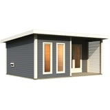 Woodfeeling Karibu Saunahaus Mainburg 5 mit Vorraum - 38 mm terragrau Set C (Sauna B 1,34 x T 1,34 m mit 2 Liegen 57/52 cm) Ohne Ofen inkl. 8-teiligem gratis Zubehörpaket (Gesamtwert 191,92€)