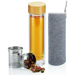 Intirilife Doppelwandige Thermo Flasche 400 - 500 ml - Tee Trinkflasche mit Edelstahl Infuser Filter Einsatz, Neopren Außentasche, Bambus Deckel