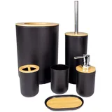 Intirilife Badezimmer Zubehör Set aus Bambus Kunststoff in Schwarz - 6 teiliges Set Zahnputzbecher Toilettenbürste Halterung Mülleimer