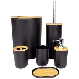 Intirilife Badezimmer Zubehör Set aus Bambus Kunststoff in Schwarz - 6 teiliges Set Zahnputzbecher Toilettenbürste Halterung Mülleimer
