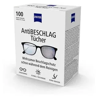 ZEISS Brillenputztücher Anti-Beschlag-Tücher, feucht, 13x 15 cm, aus Zellstoff, mit Antibeschlagwirkung, 100 Stück