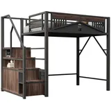 BlingBin Metallbett Metall-Hochbett Stauraumbett Jugendbett Kinderbett Einzelbett (1er Set, 1-tlg., 140*200 cm, Ohne Matratze, Gewichtskapazität: 120KG), Sicherheitsgehäuse mit Fenster, Sicherheitsleiter mit Spind, Schwarz schwarz
