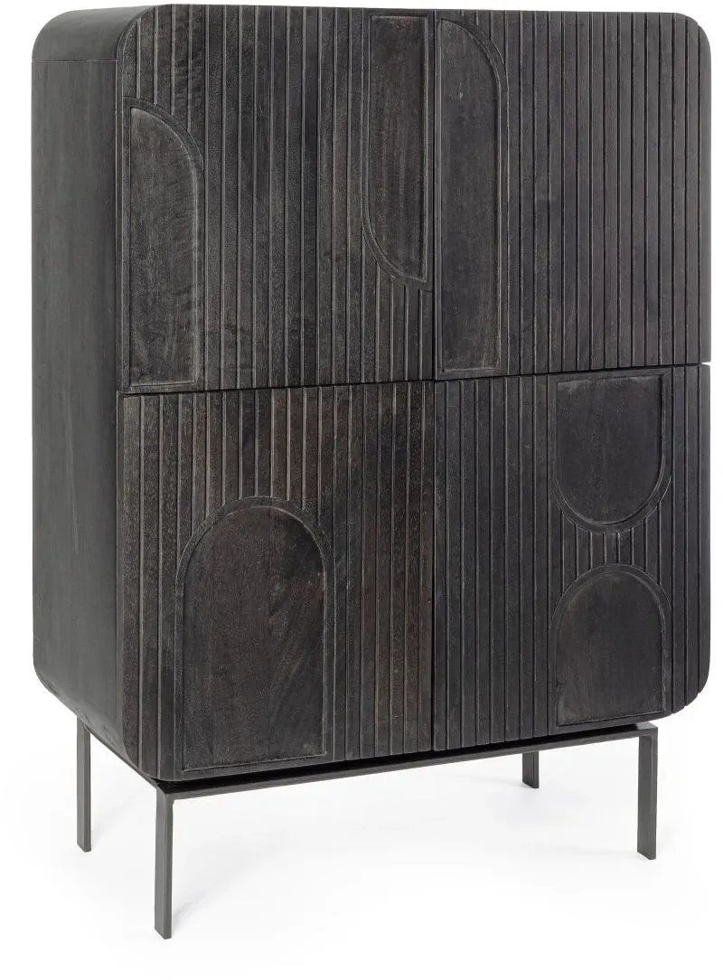 Highboard Orissa aus Mangoholz, modernes Design, Schwarz, mit 4 Türen und Magnetverschluss