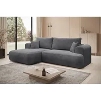 thematys Ecksofa mit Schlaffunktion und Bettkasten, L-Form, Cord und Bouclé + 2 Kissen, 260 x 165cm - Luxus Couch mit Bettfunktion mit Bonnellfedern grau