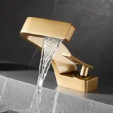 Moderner Wasserfall-Waschtischarmatur für Badezimmer, Einhebel-Mischbatterie, Badezimmer-Wasserhahn, Messing-Wasserhahn, mattiertes Gold (mit