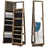 COSTWAY Schmuckschrank, Spiegelschrank mit Ganzkörperspiegel & eingebauter Make-up-Spiegel, 360° drehbar, abschließbar, Schmuck-Organizer Braun - Braun