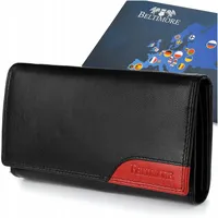Damen Lederbrieftasche, Echtleder, Schwarz mit rotem Einsatz, groß, Druckknopf