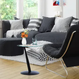 Relaxdays Beistelltisch, runder Couchtisch, H x D: 49 x 45 cm, Glas & Stahl, für Wohnzimmer, moderner Sofatisch, schwarz
