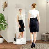 Schmuckspiegel Mit Led-beleuchtung, Schmuckschrank Mit 360° Drehbarem Spiegel, Schublade, Schloss, Weiß