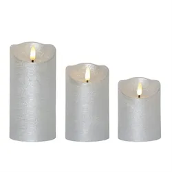 LED Kerzenset Rustik Optik Echtwachs flackernde Flamme Timer Batterie silber 3St