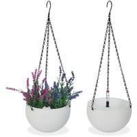 Relaxdays Blumenampel mit Wasserspeicher, 2er Set, Wasseranzeige, Flechtoptik, HxD: 54x18,5 cm, Blumentopf hängend, weiß