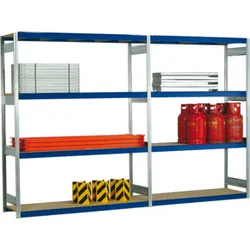 Regalwerk EMIL-Weitspannregal Holzpaneel Grundfeld HxBxT 2000x1750x500 mm 4 Ebenen RAL5010