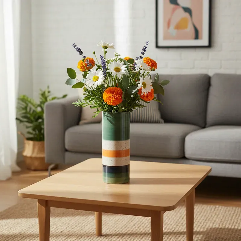 Interiors by Premier 100 % Keramikvase, groß, grün und orange gestreift, Sorrell (H30 x D15 x B15 cm)