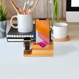 Relaxdays Ladestation, für Apple Watch & iPhone, Bambus, HxBxT: 6 x 14 x 6,5 cm, Handy-Station & Uhrenständer, Natur