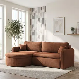 WFL GROUP Ecksofa Cora mit Schlaffunktion & Stauraum, Universell Rechts/Links, Orange Kupfer Cord Chenille 260/82/160 cm